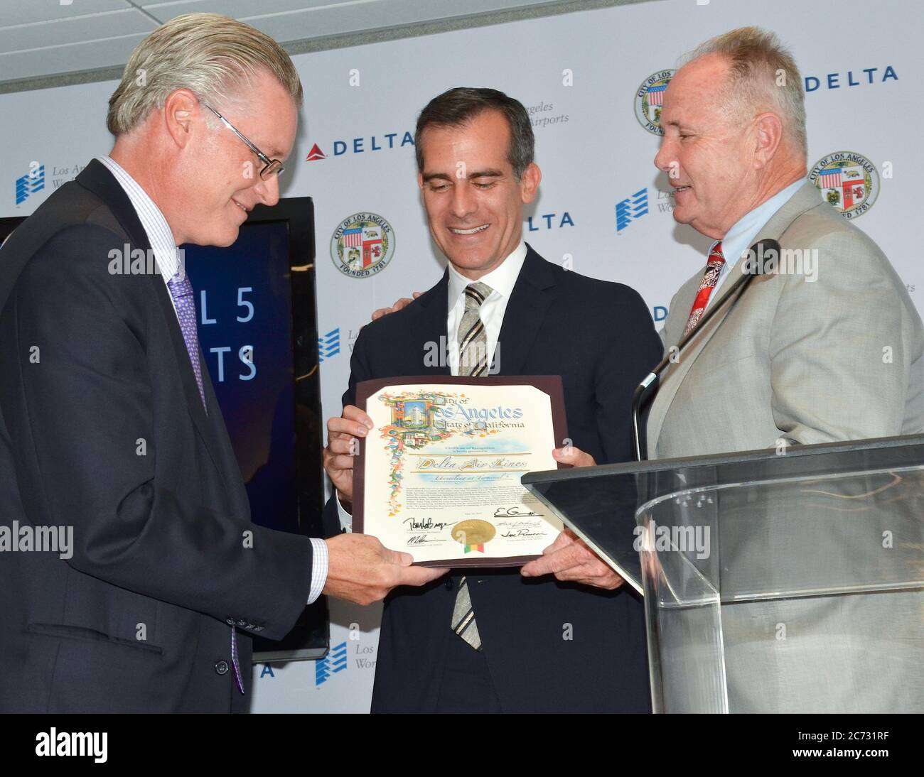 June 10, 2015, Los Angeles, California, USA: Ed Bastian, Tom LaBonge and Eric Garcetti attend the Delta Air Lines unveil at the $229 million overhaul of Terminal 5 (T5) at Los Angeles International Airport (Credit Image: © Billy Bennight/ZUMA Wire) Stock Photo