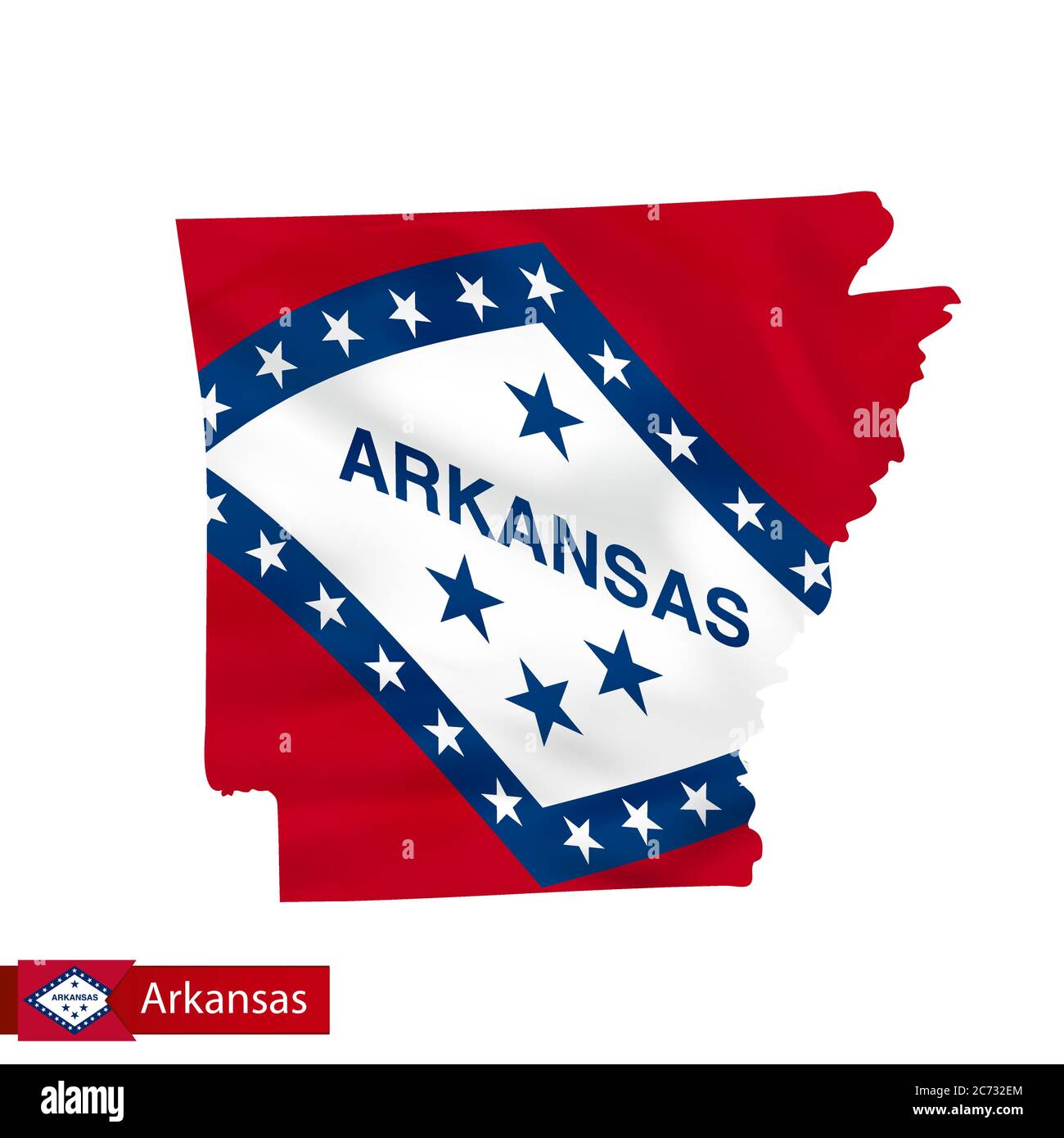 Arkansas state map with waving flag of US State. Vector illustration