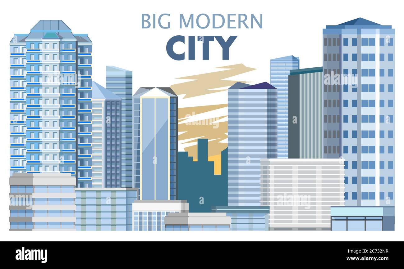 Large modern beautiful city. Center. Residential neighborhoods and business district. Offices, hotels, apartments. Vector illustration. Isolated objec Stock Vector