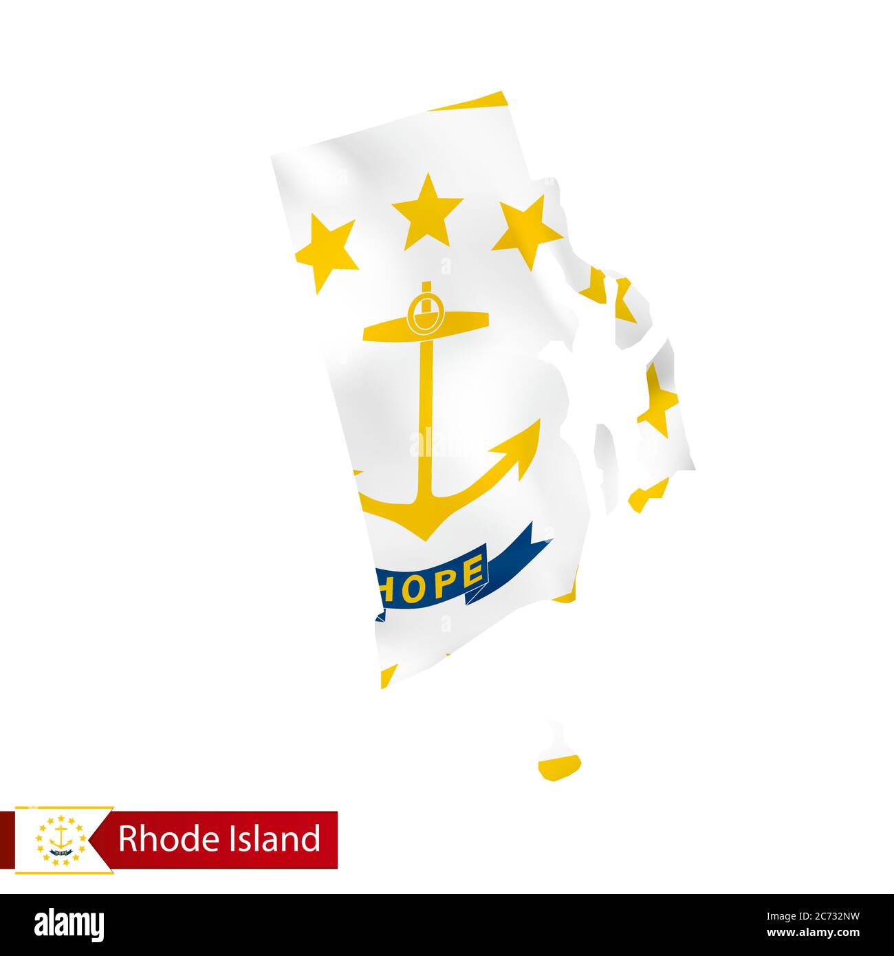 Rhode Island state map with waving flag of US State. Vector illustration. Stock Vector