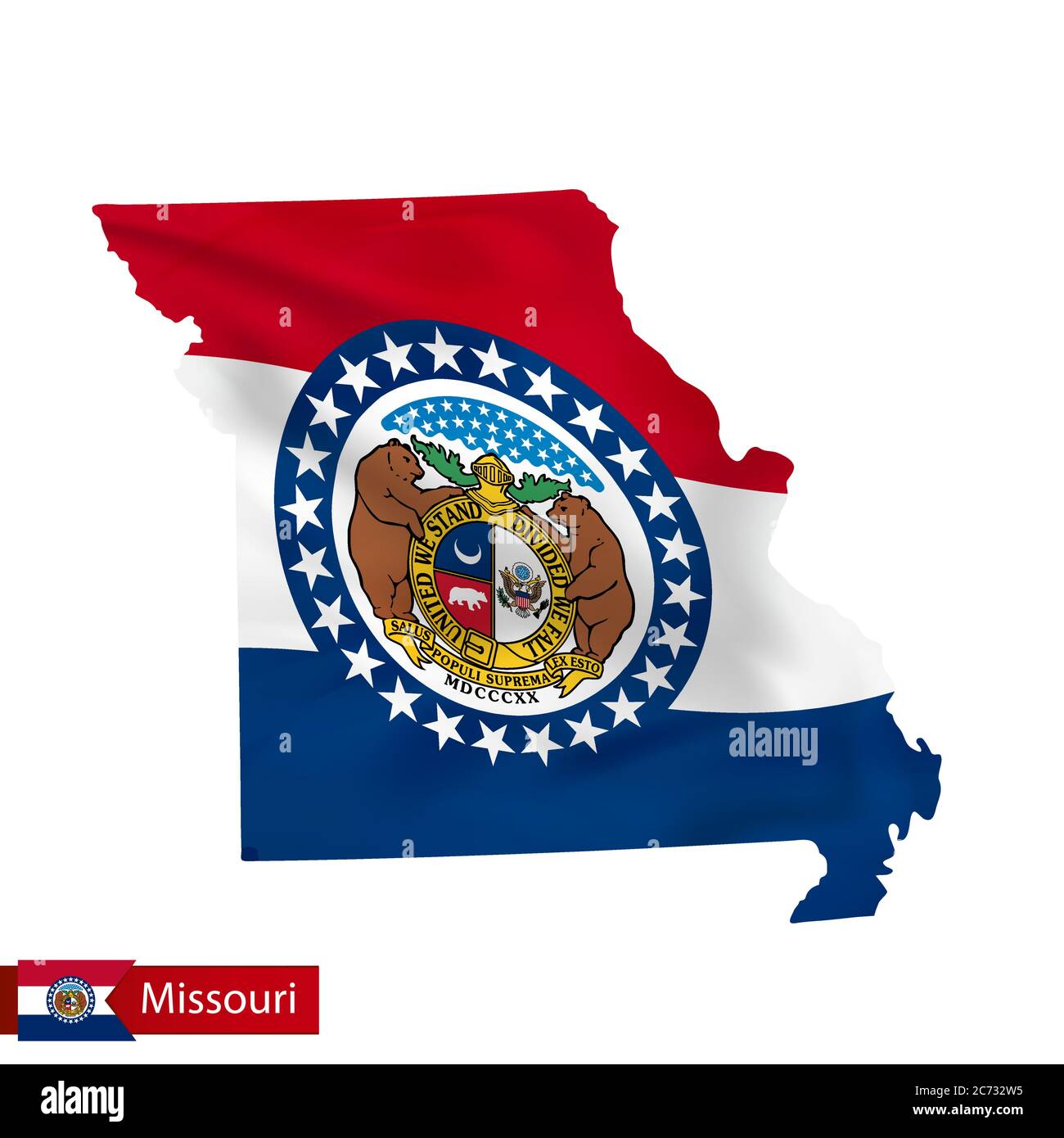 Missouri state map with waving flag of US State. Vector illustration