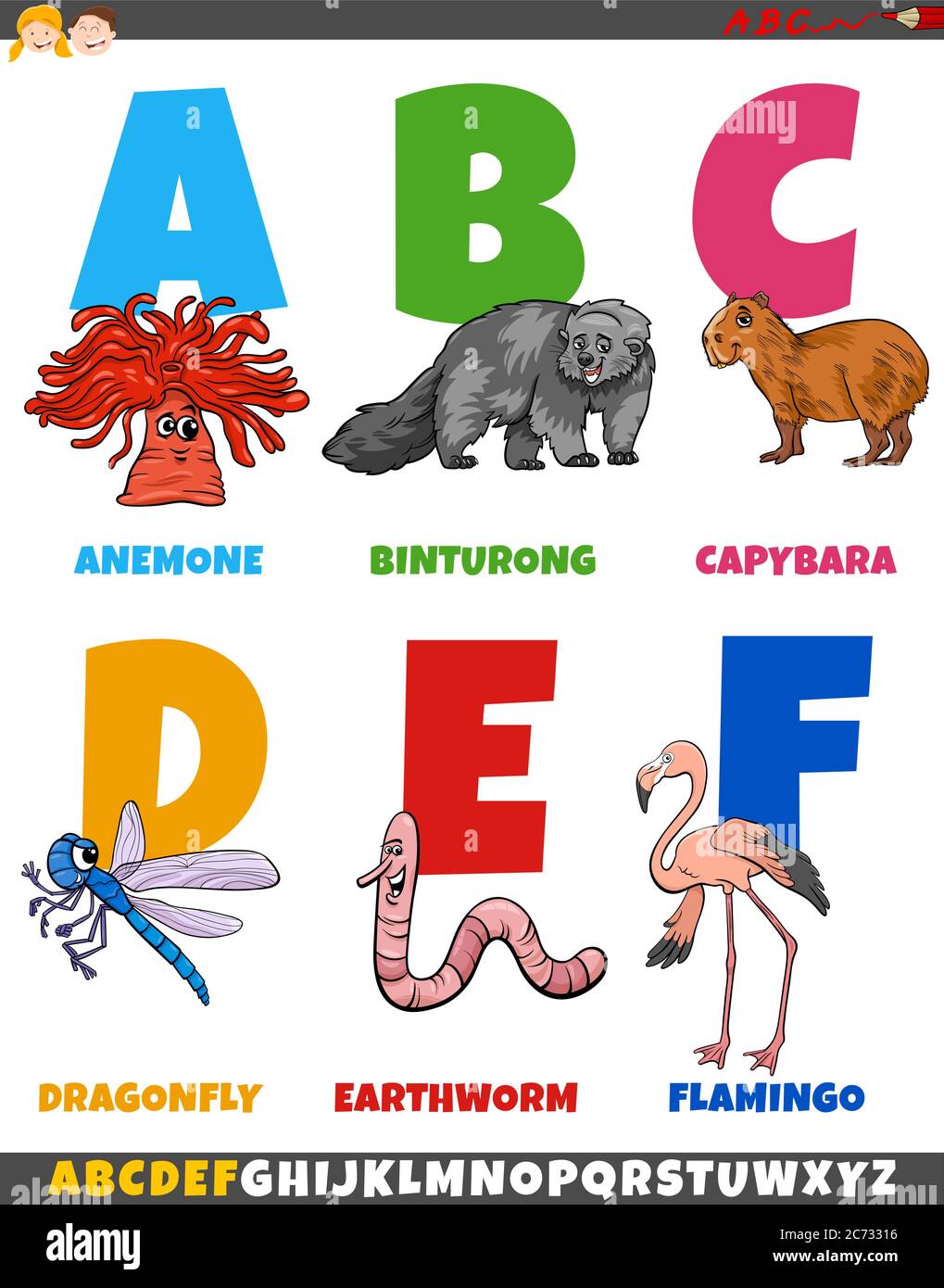 Cartoon Illustration of Educational Colorful Alphabet Set from Letter A to F with Comic Animal Characters Stock Vector