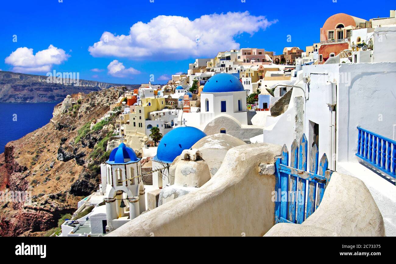 Iconic Santorini - most beautiful island in Europe. view with traditional  churches in Oia village. Greece Stock Photo - Alamy, image size:1300x868