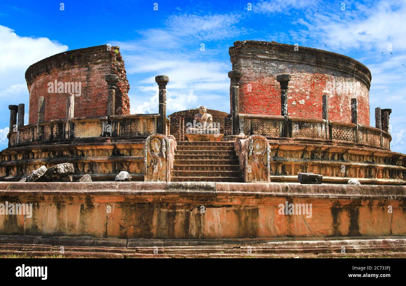 Sri Lanka travel and landmarks -  ancient city of Polonnaruwa, UNESCO World Heritage Site. Buddha statue in Vatadage temple Stock Photo