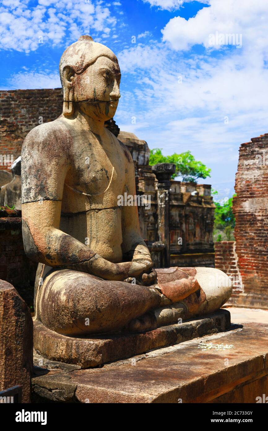 Sri Lanka travel and landmarks -  ancient city of Polonnaruwa, UNESCO World Heritage Site. Buddha statue in Vatadage temple Stock Photo