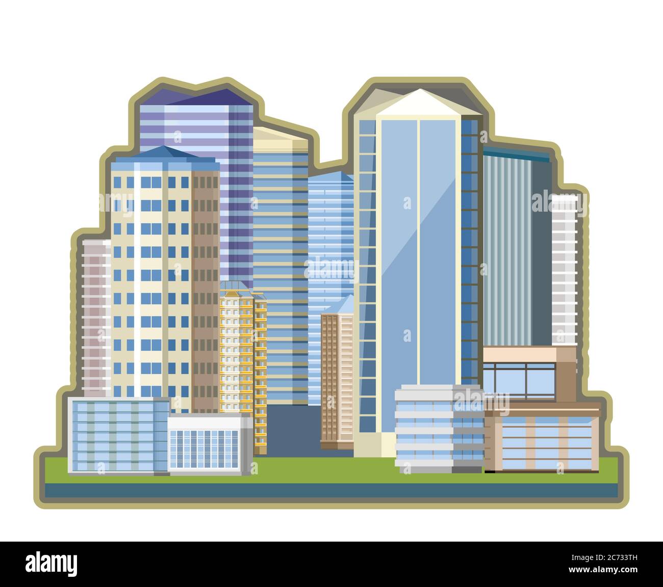 The center of the business city. Residential and office buildings. Small and large houses, apartments, offices of successful companies. Vector illustr Stock Vector