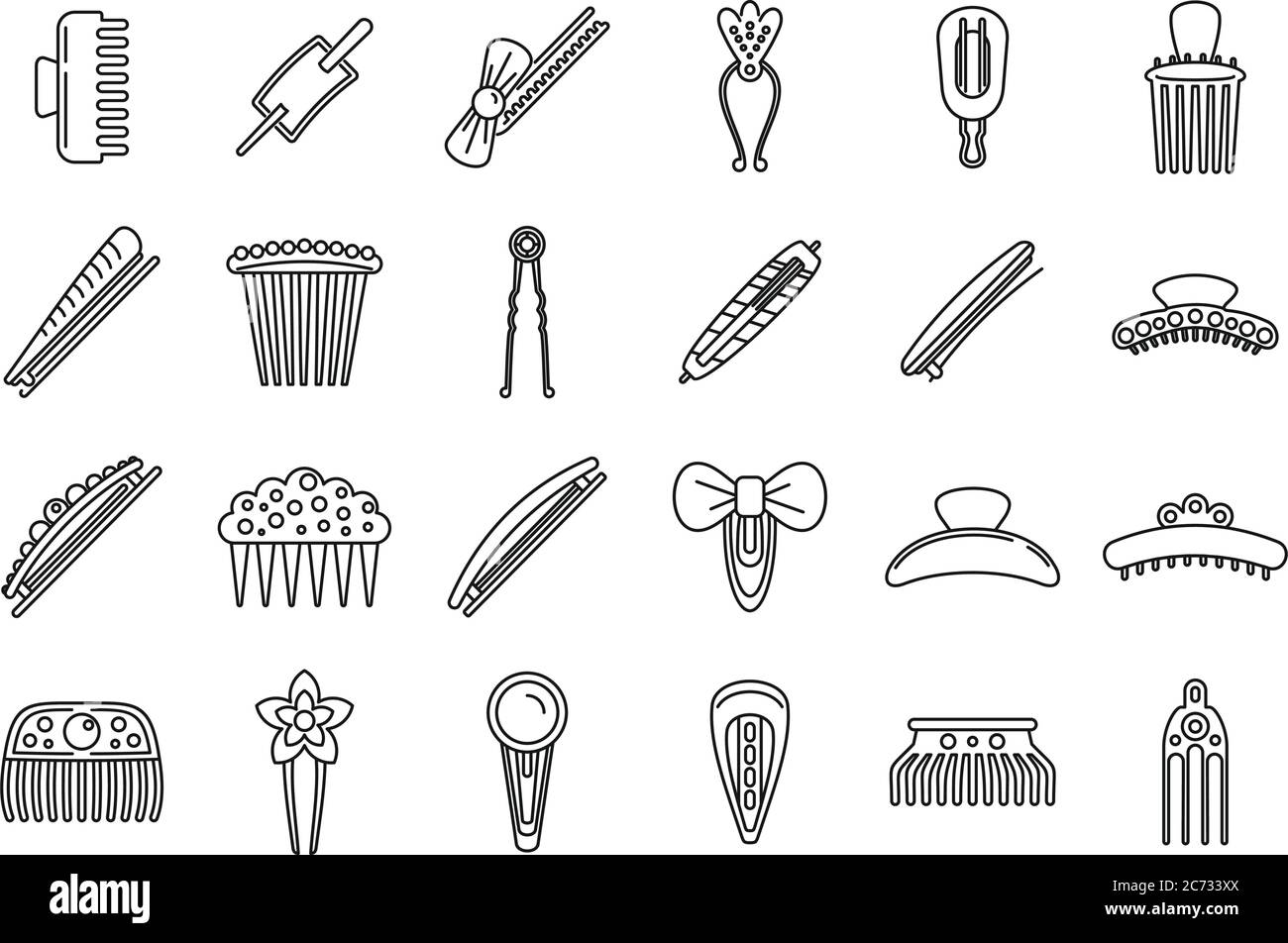 Girl barrette icons set. Outline set of girl barrette vector icons for
