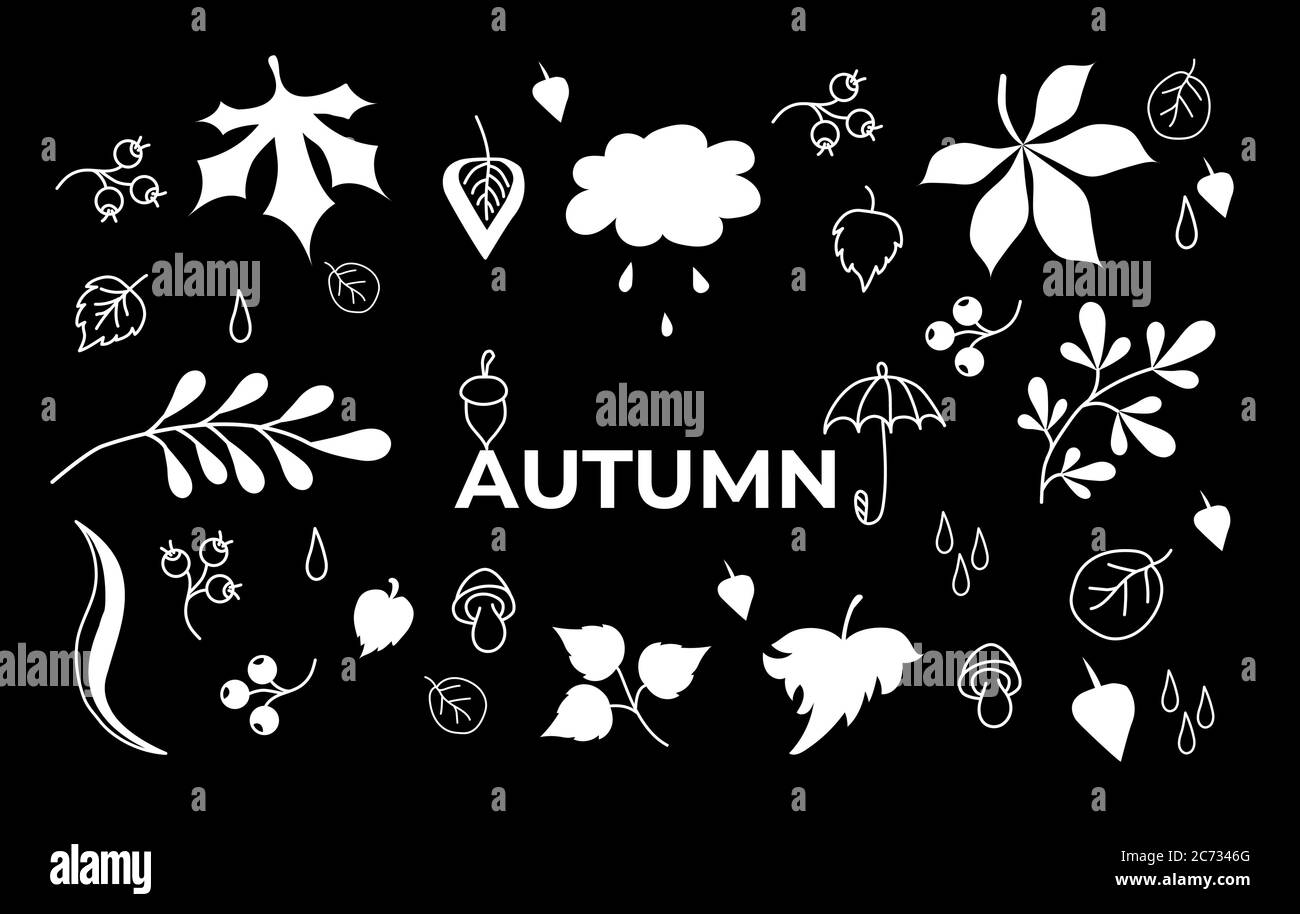 Vector set of autumn drawings on a black background. White outline and silhouette. Doodle of various leaves and berries, mushrooms and text. Set of Stock Vector