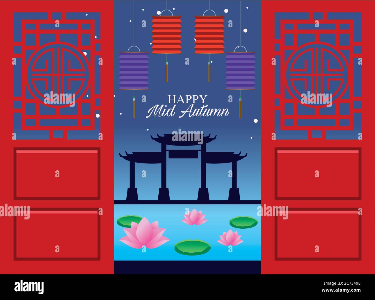 happy mid autumn festival card with lanterns hanging and chinese archs ...