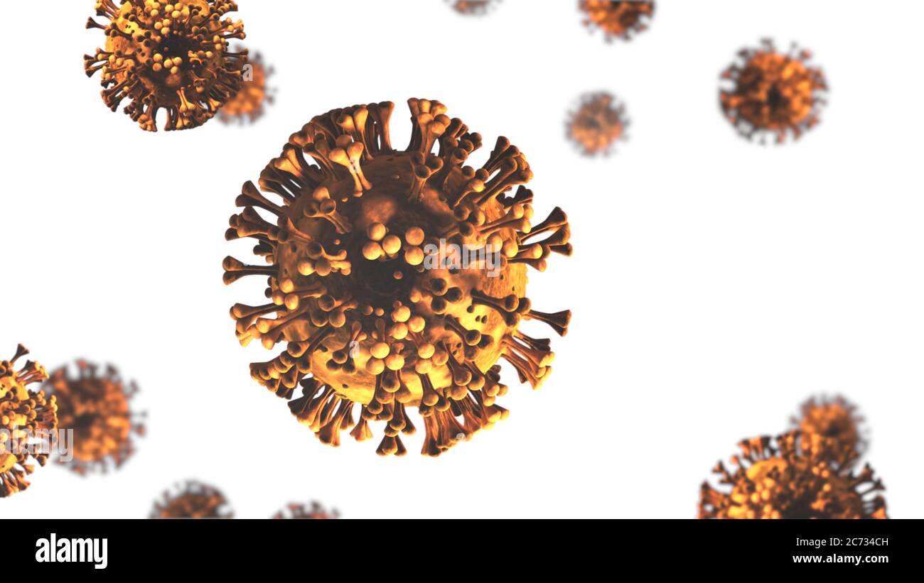 Cells under a microscope. Coronavirus cells isolated on white background. Covid-19 virus 3d illustration Stock Photo