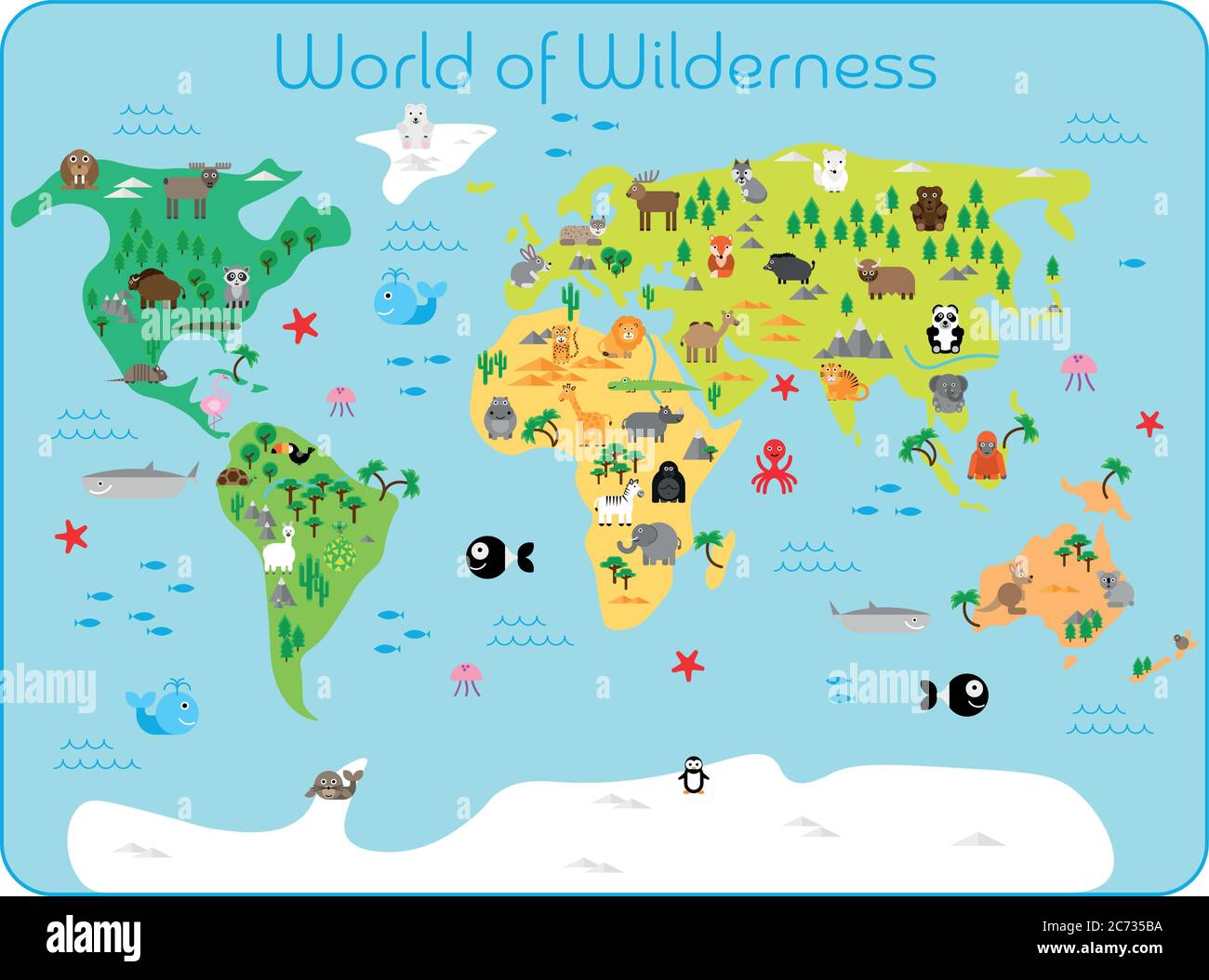 World of Wilderness - map of continents with typical wild fauna. Funny cartoon animals. Children carpet or wall poster. Vector illustration. Stock Vector