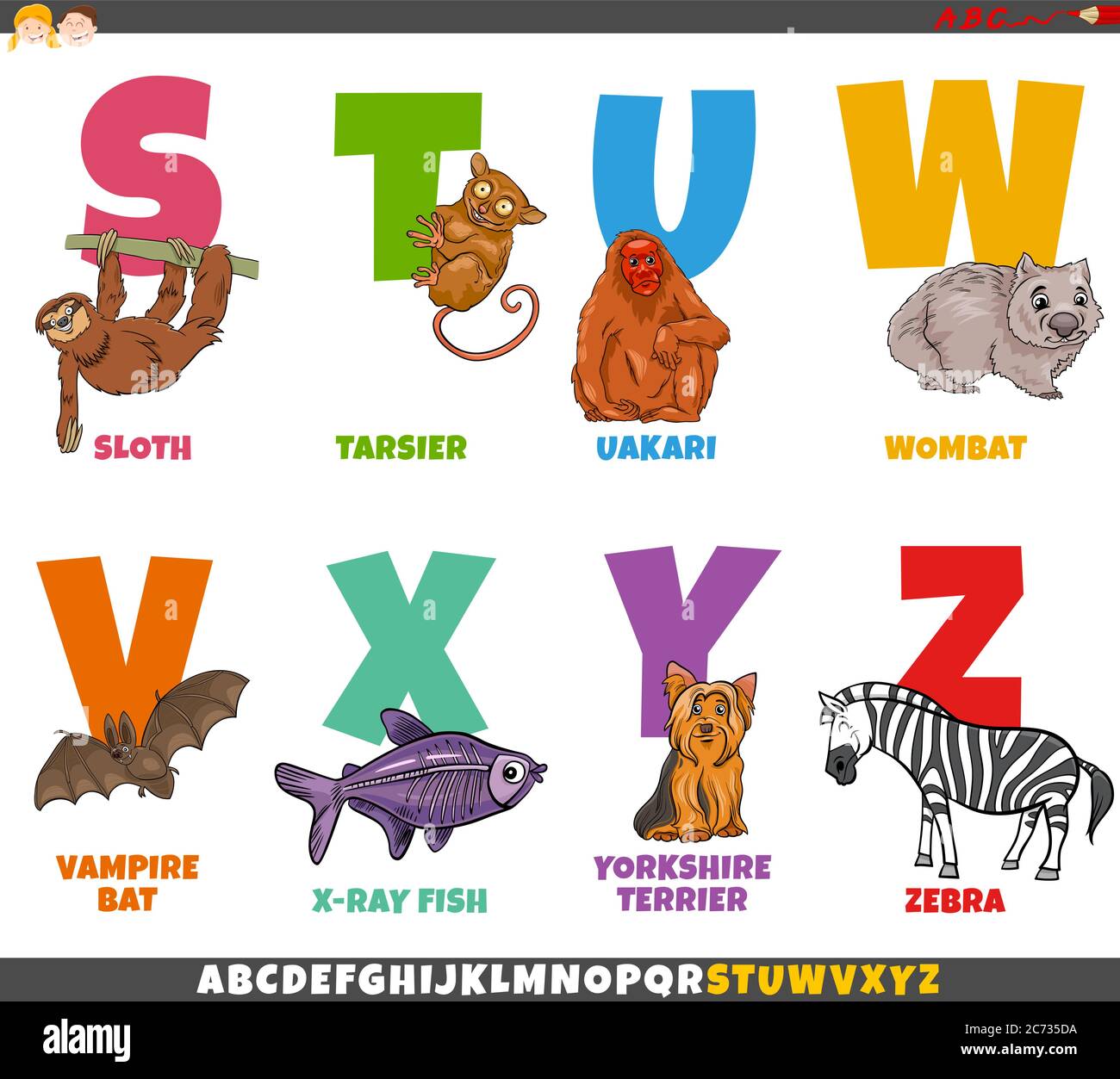 Cartoon Illustration of Educational Colorful Alphabet Set from Letter S to  Z with Comic Animal Characters Stock Vector Image & Art - Alamy