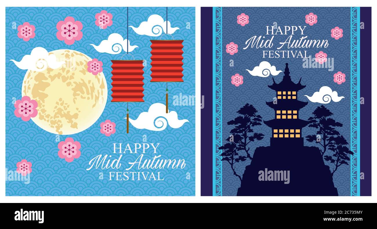 happy mid autumn festival card with lanterns hanging and moon with ...