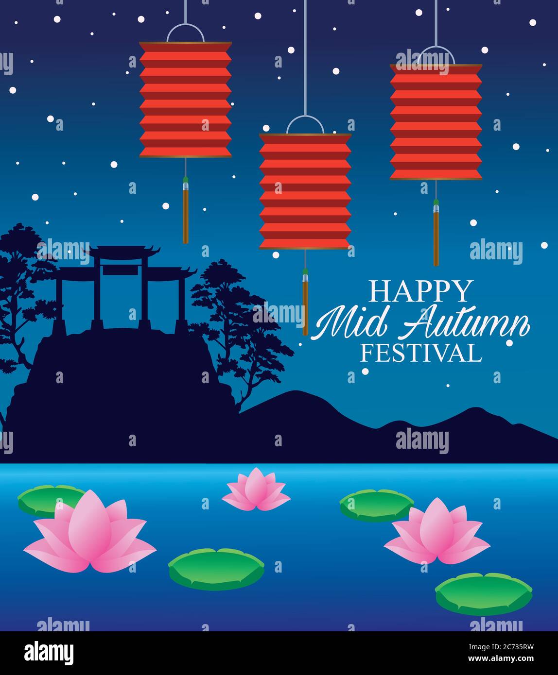 happy mid autumn festival card with lanterns hanging in lake vector ...