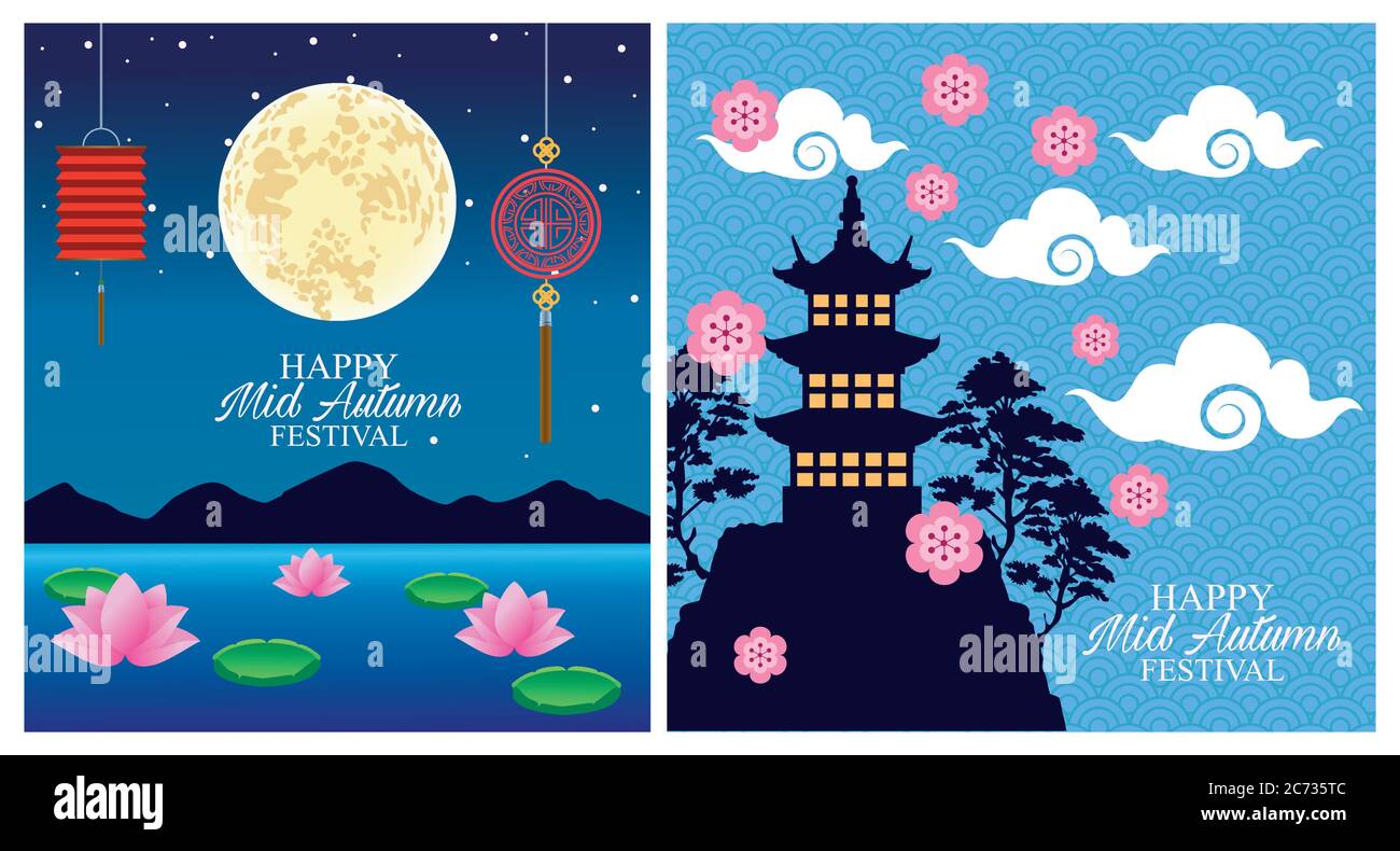 happy mid autumn festival card with lanterns hanging and moon with ...
