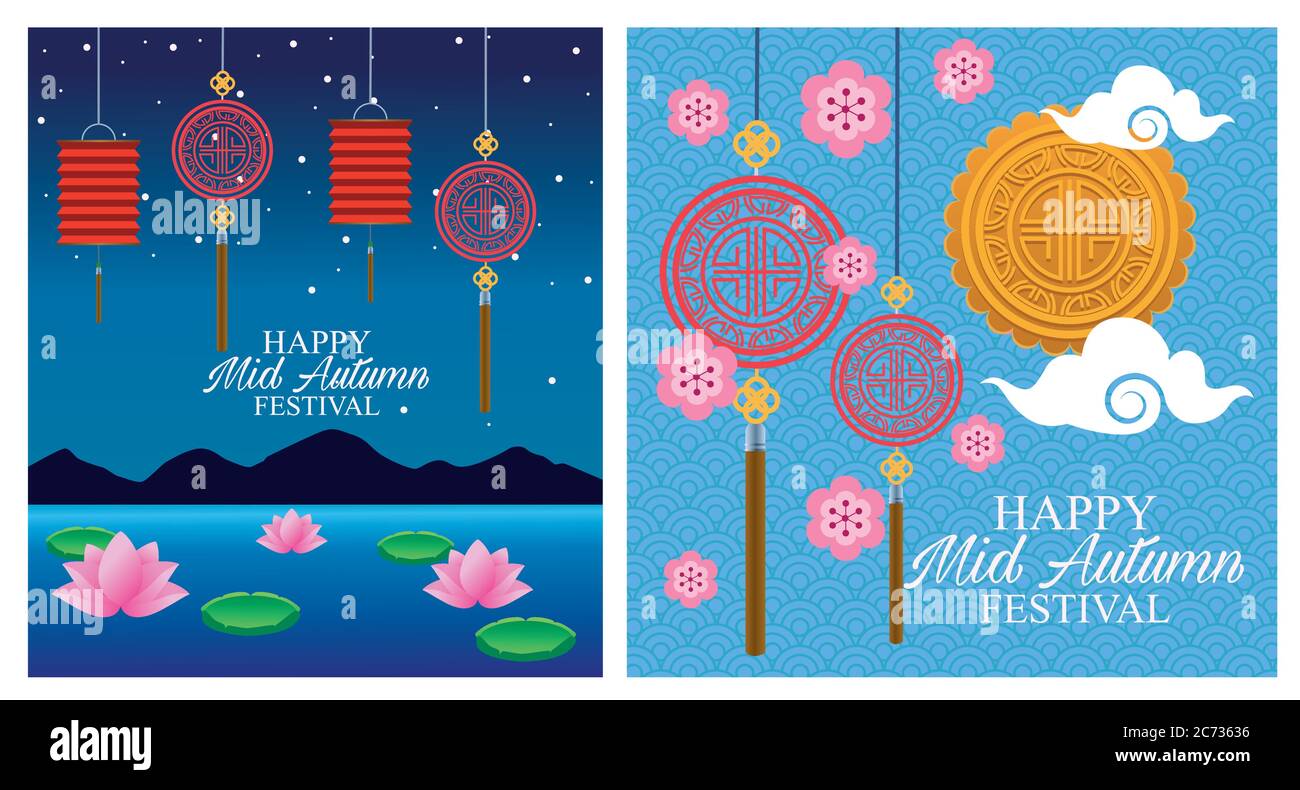 happy mid autumn festival card with lanterns hanging in lake vector ...