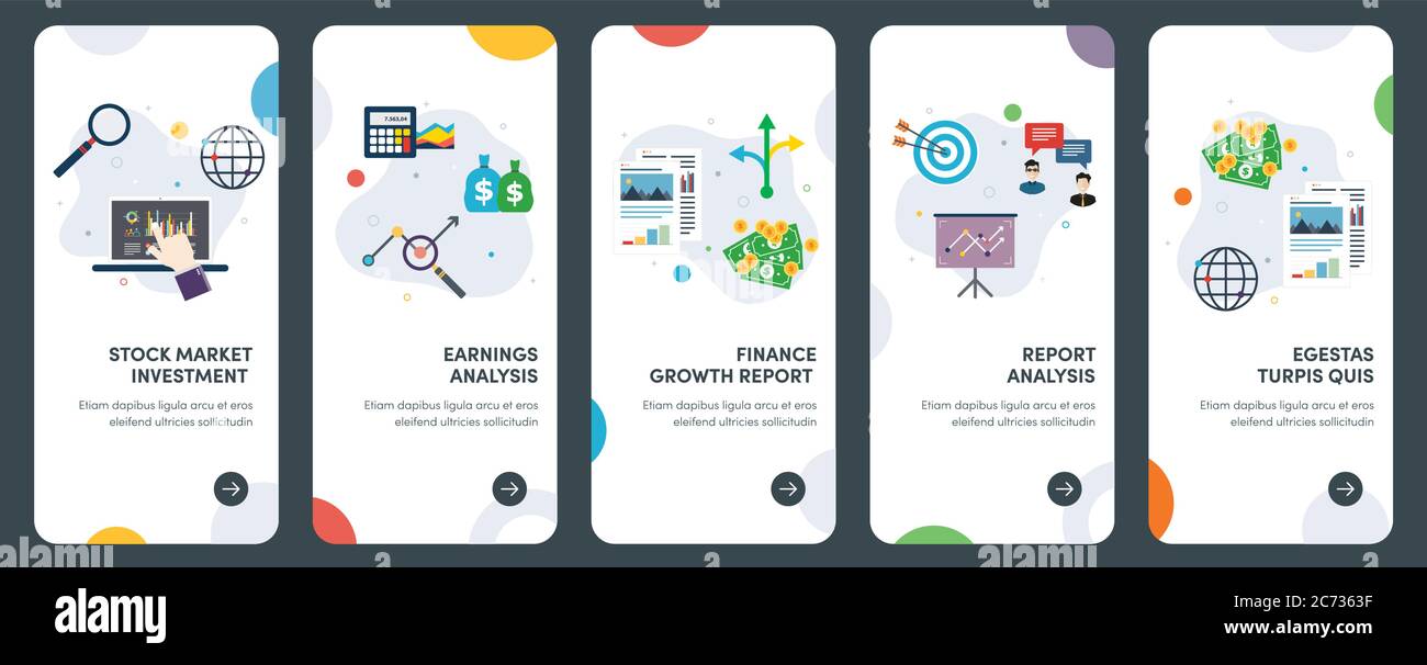 Set of concept flat design icons for stock market, investment, earnings ...