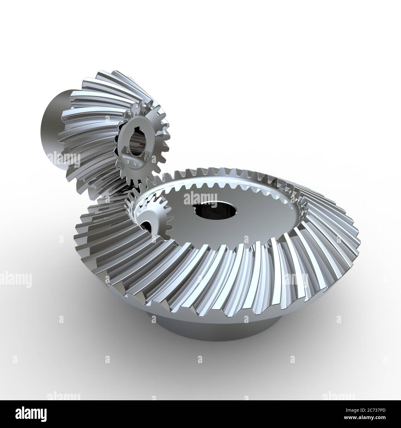 silver metal spiral bevel gears on a white background Stock Photo