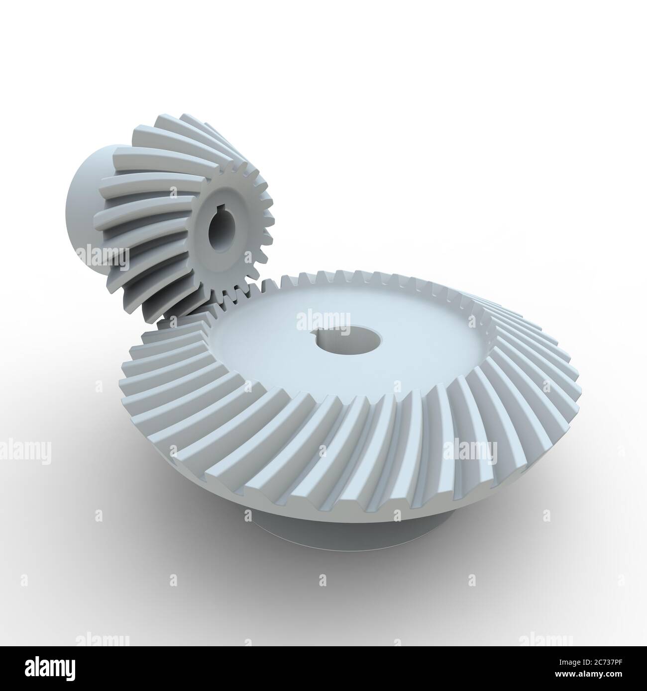 White plastic spiral bevel gears on a white background Stock Photo