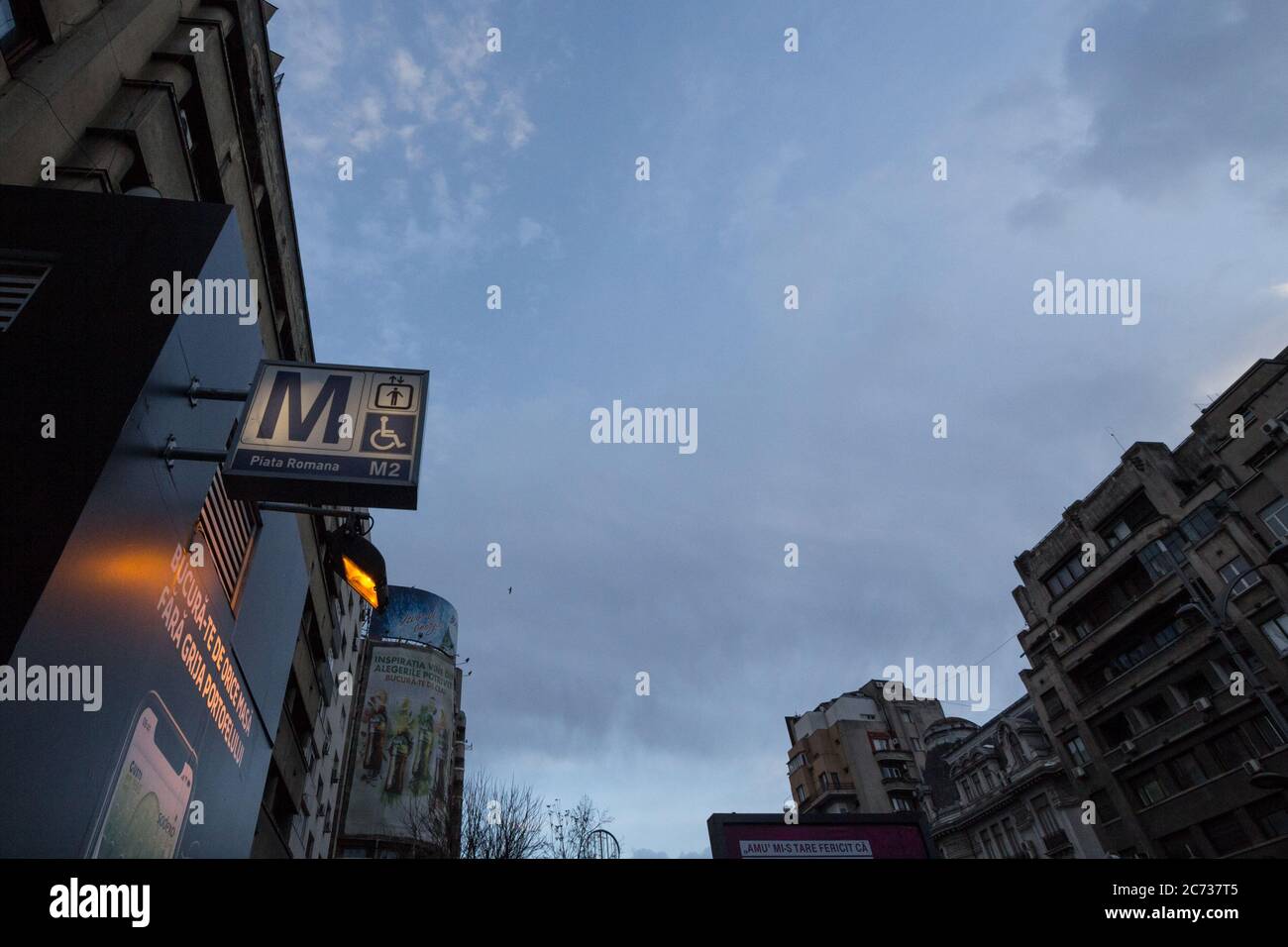 BUCHAREST, ROMANIA FEBRUARY 11, 2020 Bucharest Metro sign indicating