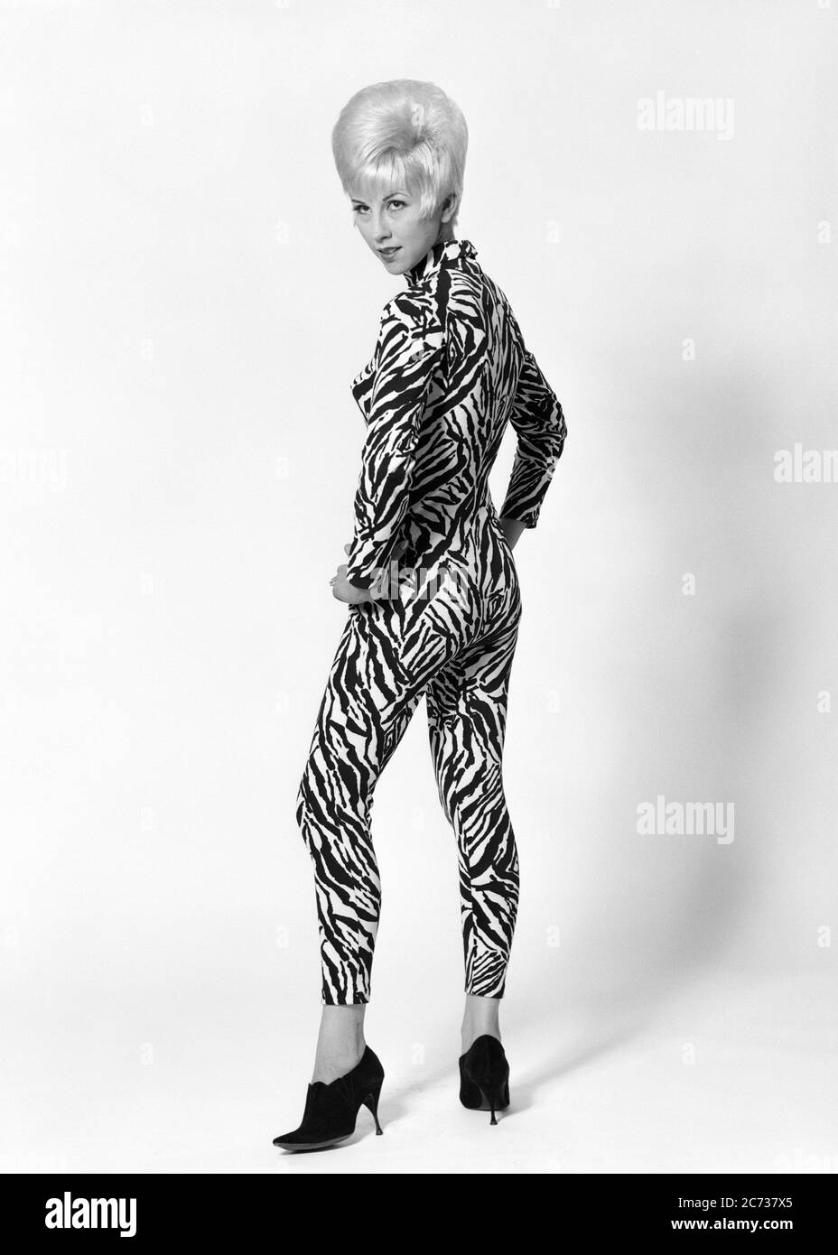 1960s BLONDE WOMAN BOUFFANT HAIRDO WEARING ANIMAL PRINT BODY SUIT POSING LOOKING OVER SHOULDER - asp jo7399 ASP001 HARS LIFESTYLE SATISFACTION CELEBRATION FEMALES STUDIO SHOT HEALTHINESS HOME LIFE COPY SPACE FULL-LENGTH LADIES PHYSICAL FITNESS PERSONS TRENDY ENTERTAINMENT CONFIDENCE B&W BEEHIVE EYE CONTACT TEMPTATION HUMOROUS HAPPINESS CHEERFUL HIP LEISURE STYLES FUNKY JUMPSUIT EXCITEMENT HAIRSTYLE COMICAL PRIDE REAR VIEW OCCUPATIONS POSING SMILES CONNECTION FROM BEHIND COMEDY JOYFUL STYLISH GROOVY MODELLING BACK VIEW FASHIONS HAIRDO MID-ADULT MID-ADULT WOMAN MODELING POSE TEASED Stock Photo