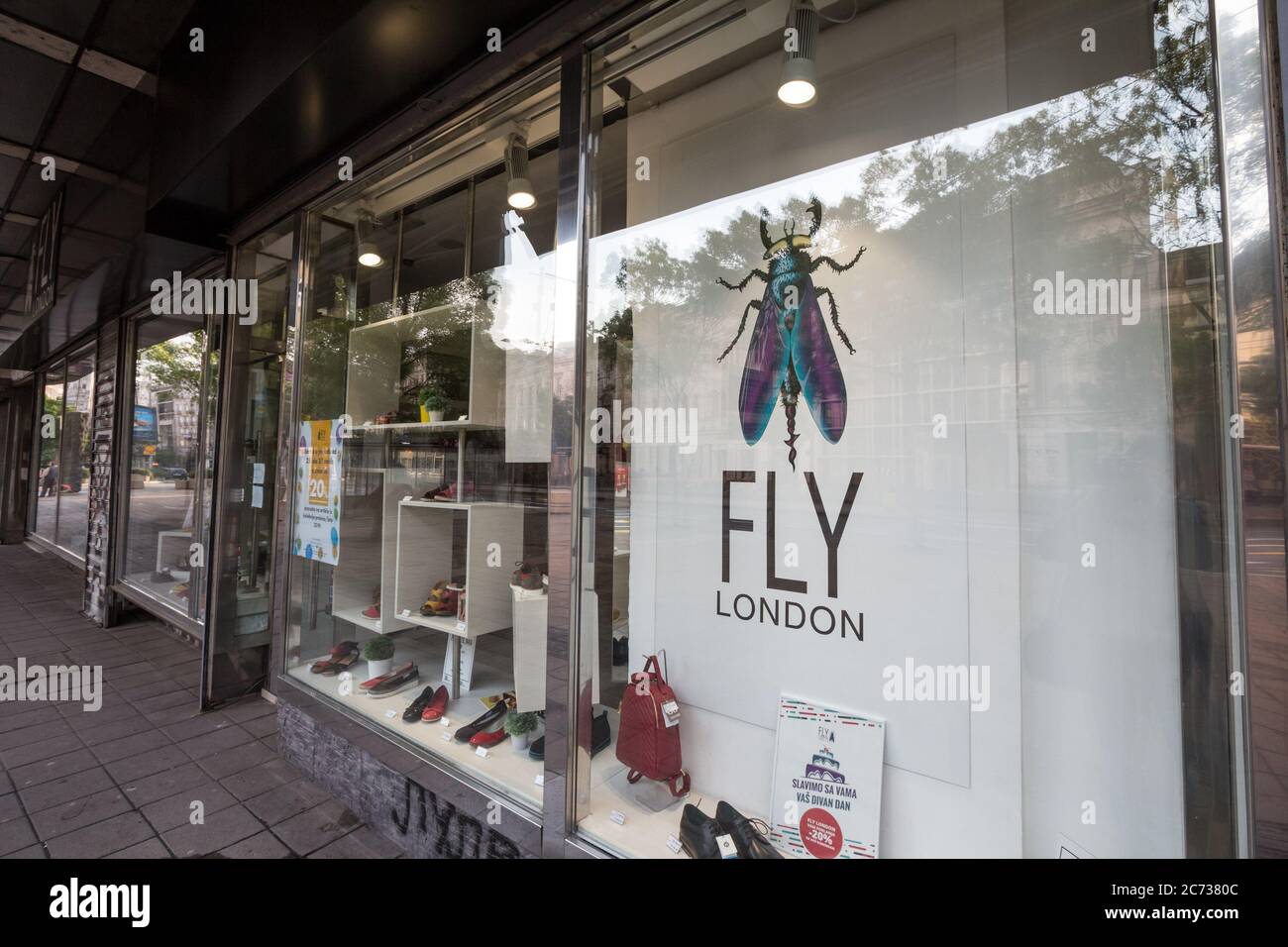 BELGRADE, SERBIA - APRIl 28, 2019: Fly London logo in front of their boutique in Belgrade. Fly London is a British chain of fashion designer and retai Stock Photo