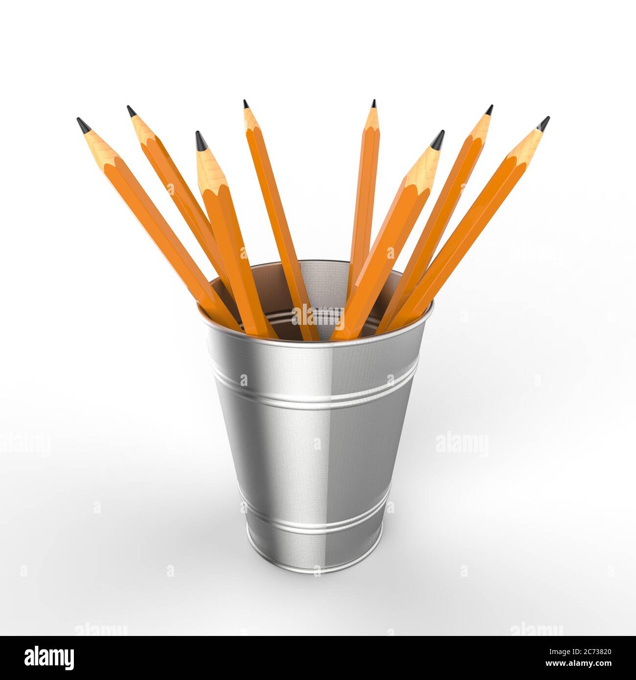 eight orange coloured pencils in a small metal bucket on a white background Stock Photo