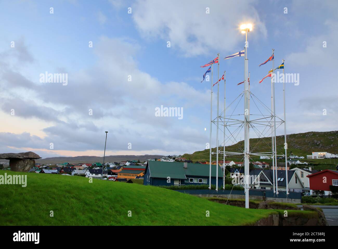 Flag poles with Nordic countries' flags on the ground of The Nordic House.Torshavn.Streymoy.Faroe Island.Territory of Denmark Stock Photo