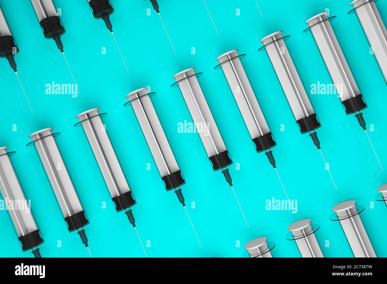 Pattern group of syringes lined up in a row on light blue 3D ...