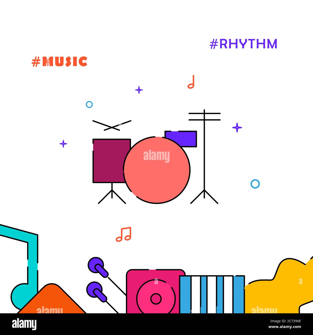 Drums, drum kit, drummer filled line vector icon, simple illustration, related bottom border. Stock Vector