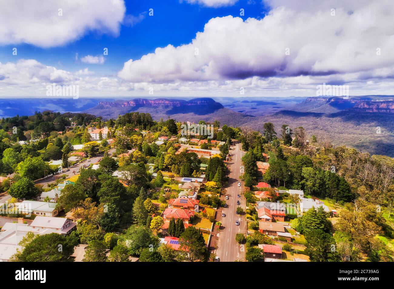 Streets and houses in regional town Katoomba of Australian BLue Mountains - elevated aerial view towards Echo Point lookout. Stock Photo