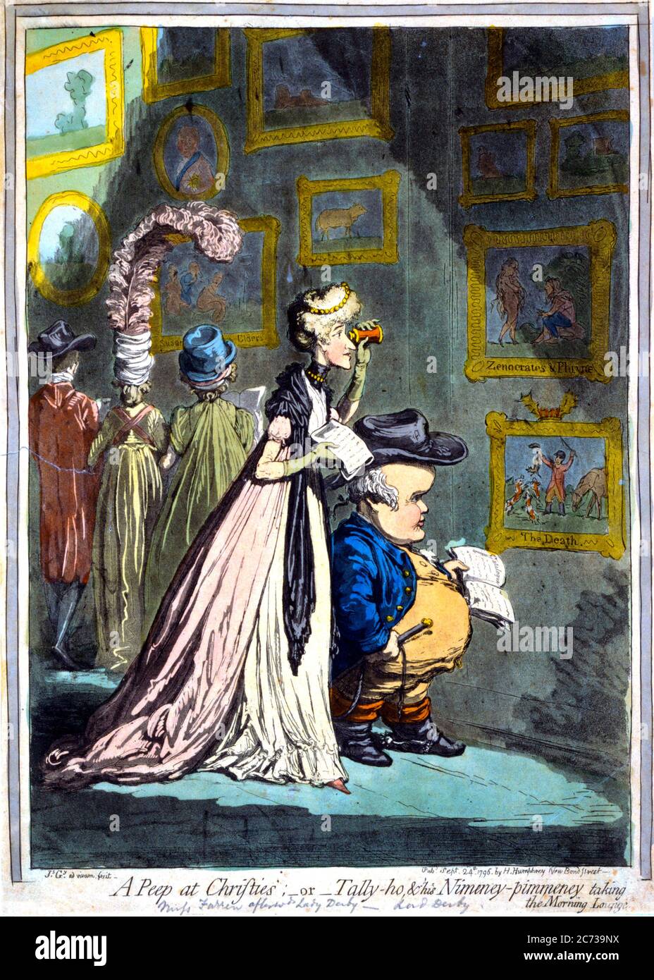 A peep at Christies' ;—or—Tally-ho, & his Nimeney-pimmeney taking the Morning Lounge  SUMMARY: Miss Elizabeth Farren and Lord Derby walk together inspecting pictures. She, very thin and tall, looks over his head through a glass at a picture in the second row of Zenocrates & Phryne. He looks at the picture immediately below, The Death, a huntsman holding up a fox to the hounds. Lord Derby, much caricatured, very short and obese, wears riding-dress with spurred boots and holds a whip. Miss Farren wears no hat, a dress hanging from the shoulders and trailing her, short sleeves and gloves. Both ho Stock Photo