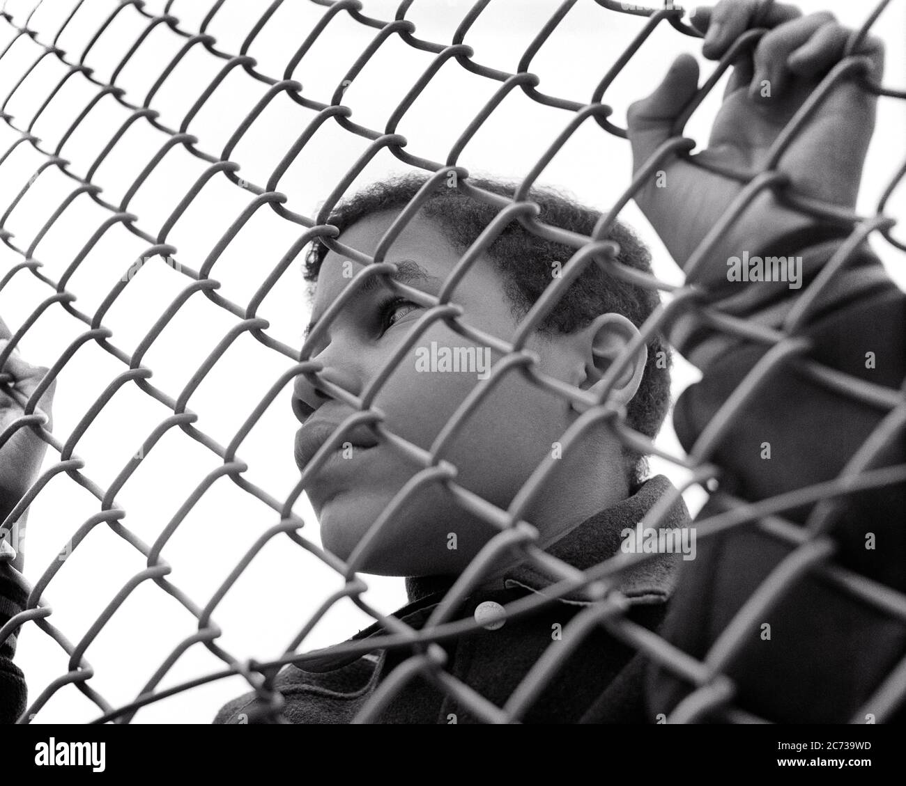 1960s AFRICAN-AMERICAN PRE-TEEN BOY LOOKING THROUGH CHAIN-LINK FENCE - n1933 HAR001 HARS FREEDOM GOALS DREAMS HEAD AND SHOULDERS AFRICAN-AMERICANS AFRICAN-AMERICAN LOW ANGLE BLACK ETHNICITY CONCEPTUAL DEPRIVED ESCAPE TEENAGED DENIED DISADVANTAGED LOOKING IN BARRIER CHAIN-LINK CONFINED DISAFFECTED DISAPPOINTED DISCONNECTED GROWTH IMPOVERISHED JUVENILES PRE-TEEN PRE-TEEN BOY TRAPPED BLACK AND WHITE DISTRAUGHT HAR001 OLD FASHIONED RESTRICT THRU AFRICAN AMERICANS Stock Photo