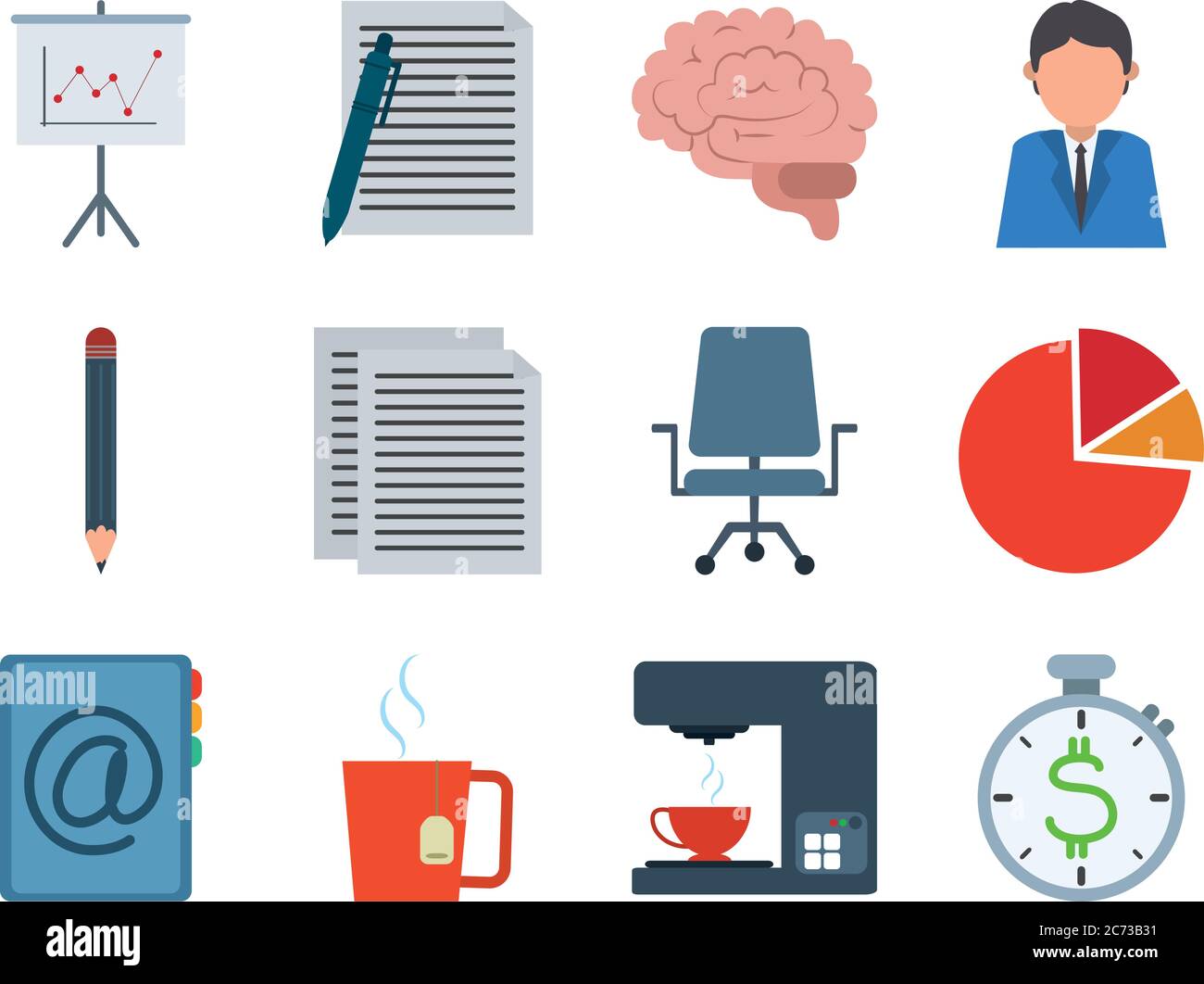 office supply stationery work business flat style icons set vector ...