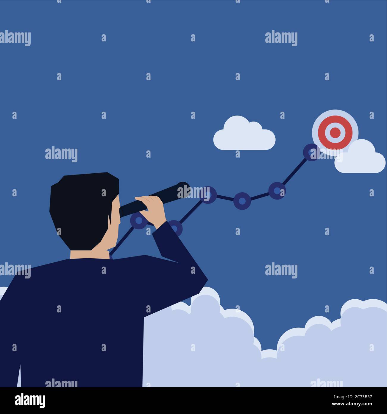 Businessman look through telescope see chart growth and target beyond the cloud. Business Landing Page Template. Stock Vector