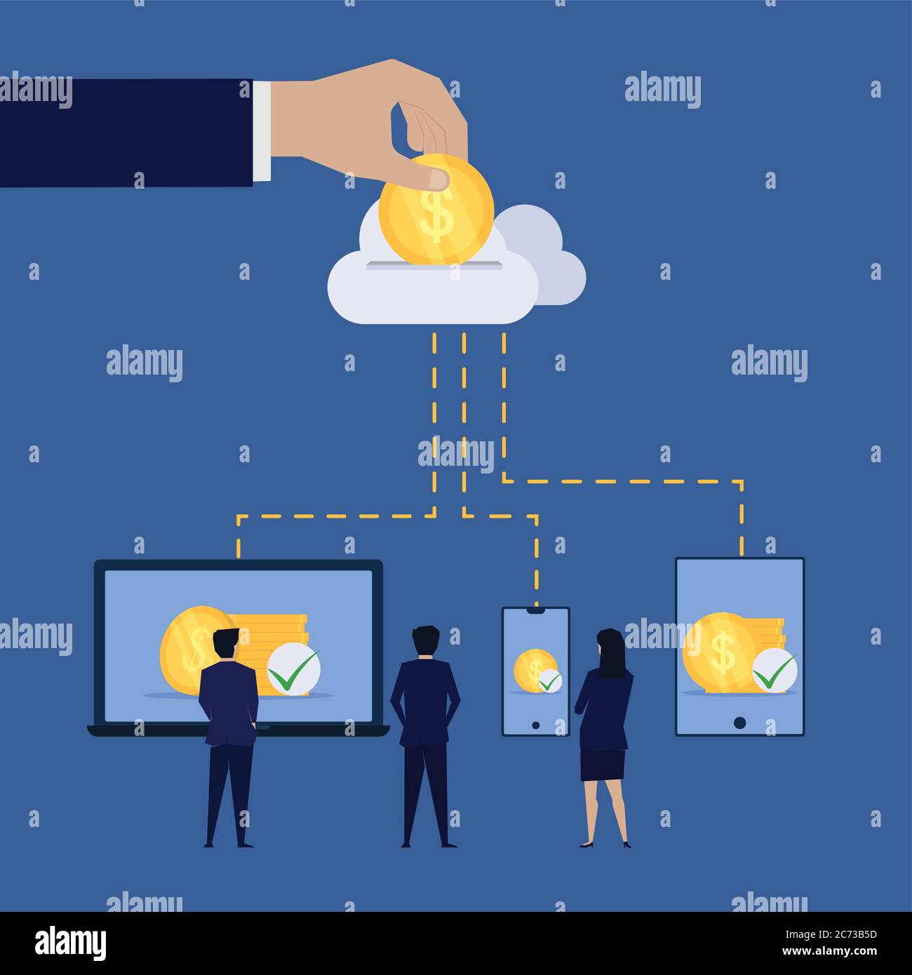 Businessman saving online from cloud online to device. Business Landing Page Template. Stock Vector