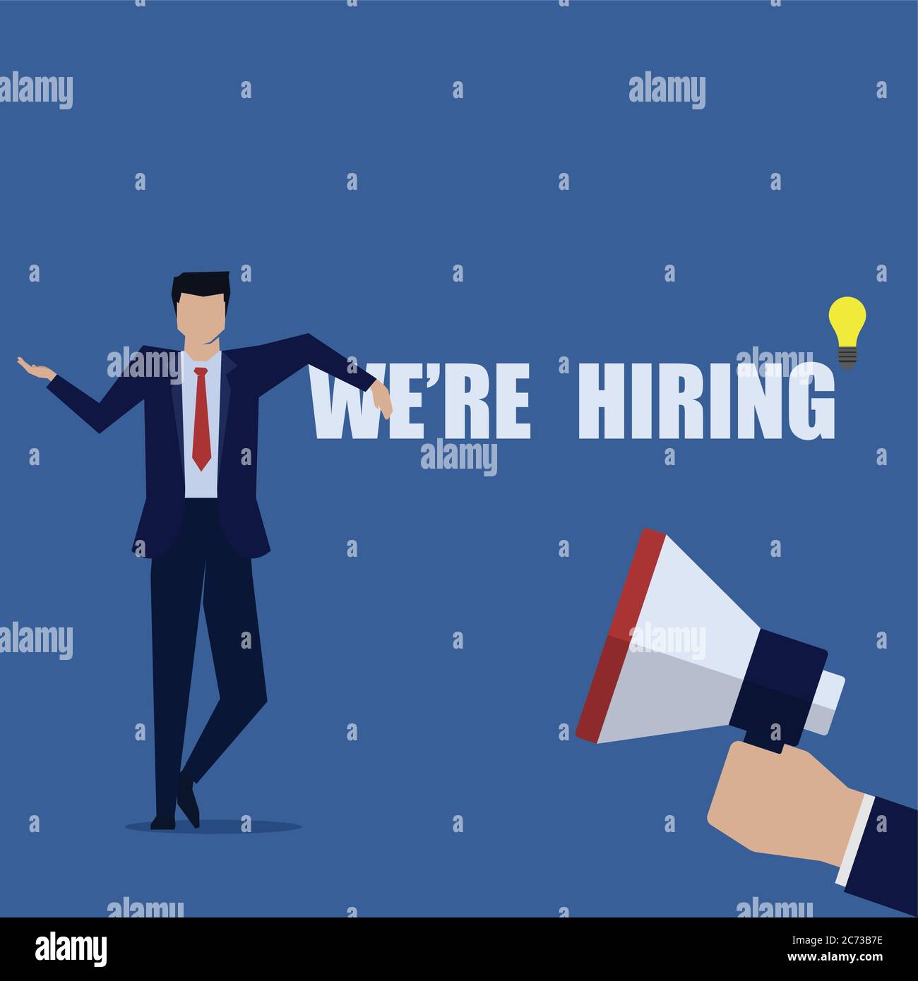 Businessman stand behind text we are hiring and megaphone Stock Vector