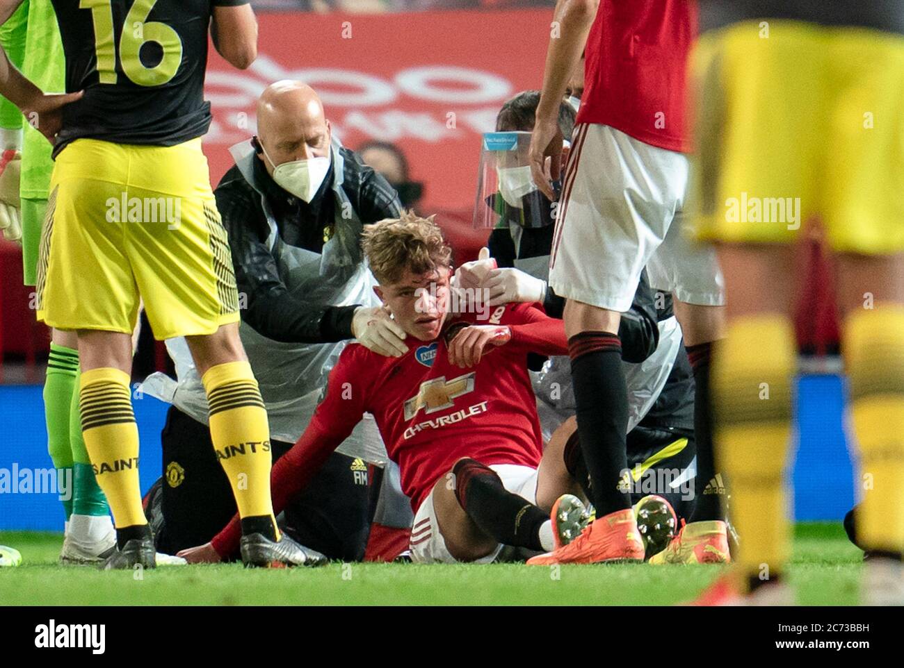 Manchester Uk 14th July 2020 Brandon Williams C Of Manchester United Gets Injured On His Head