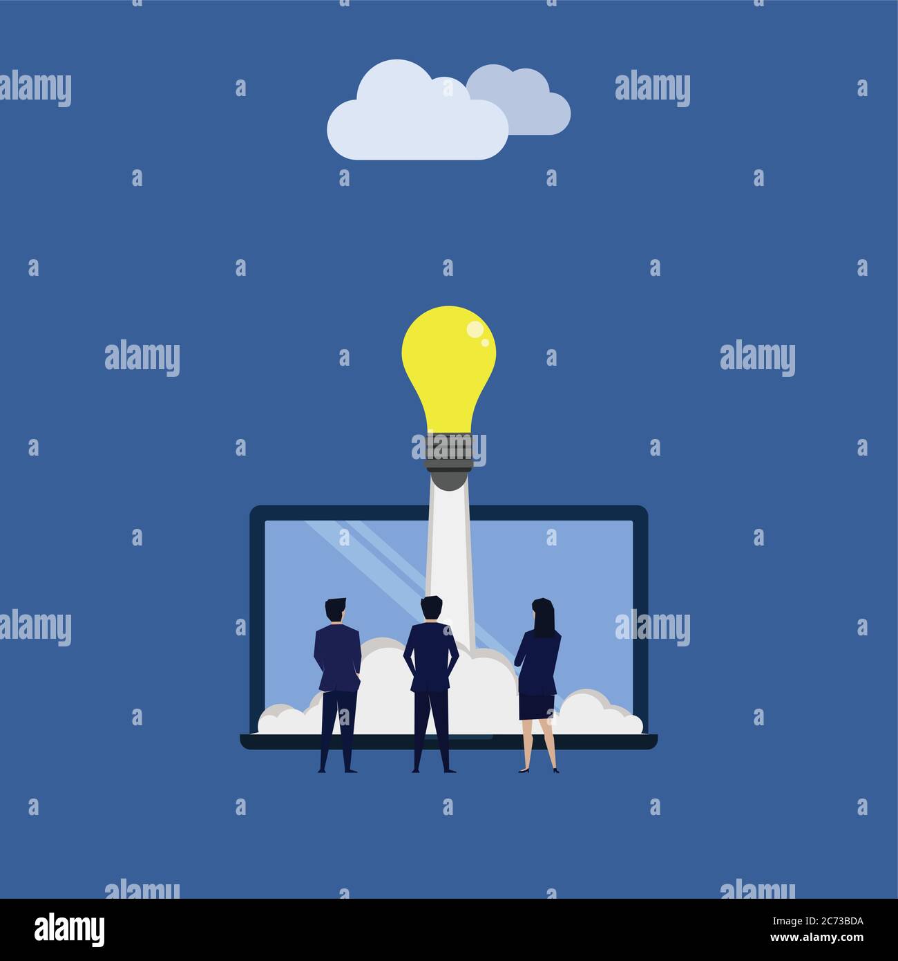 Three businessman and woman see the idea launch from the laptop to the cloud internet. Business Landing Page Template. Stock Vector