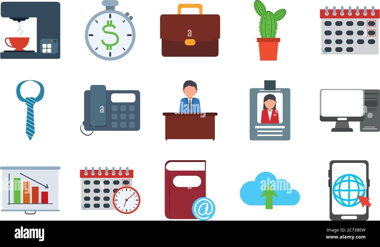 office supply stationery work business flat style icons set vector ...