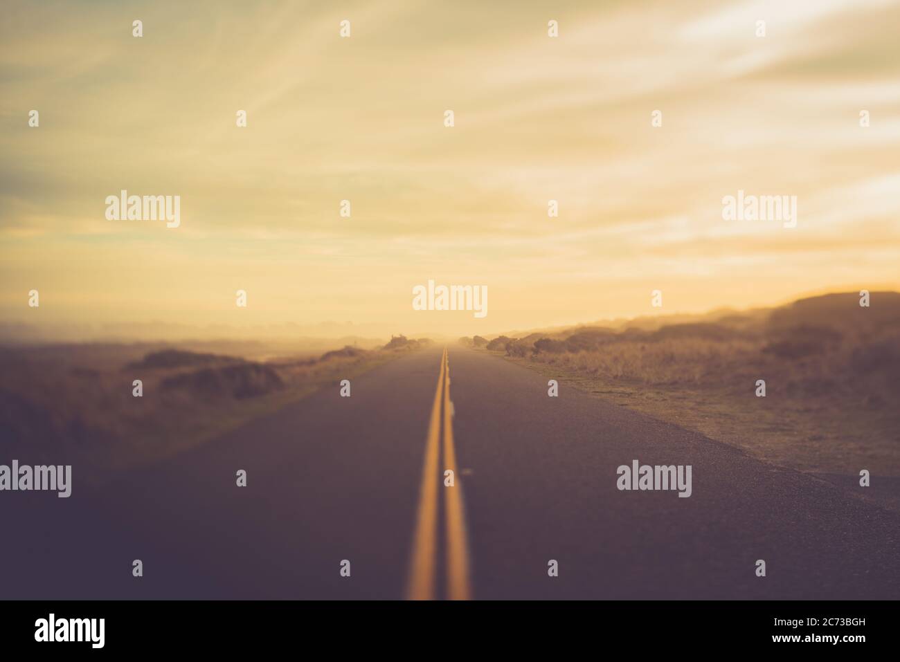 Road with yellow lines going off into the distance with yellow sunset sky Stock Photo Alamy