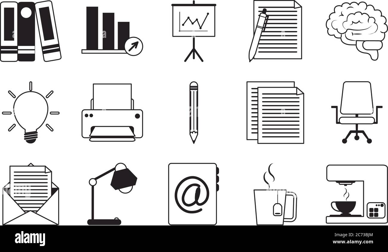 office supply stationery work business linear style icons set vector ...