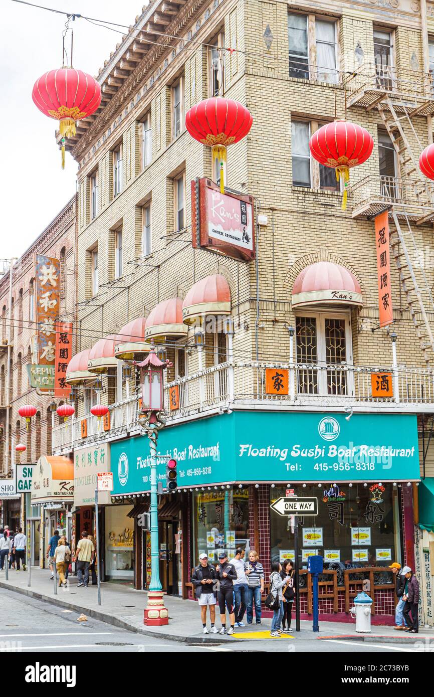 San Francisco California,Chinatown,Grant Street neighborhood,kanji,street scene,corner,traffic light,lights,restaurant restaurants food dining cafe,se Stock Photo