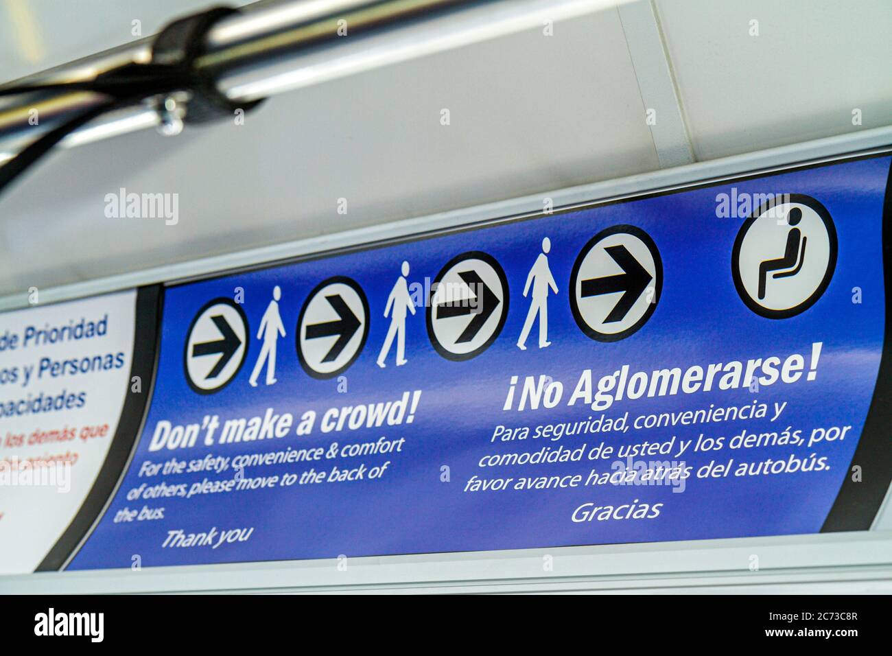 San Francisco California,SamTrans 292,San Mateo County Transit,safety instruction,bus,coach,interior inside,no crowding,sign,bilingual,Spanish,English Stock Photo