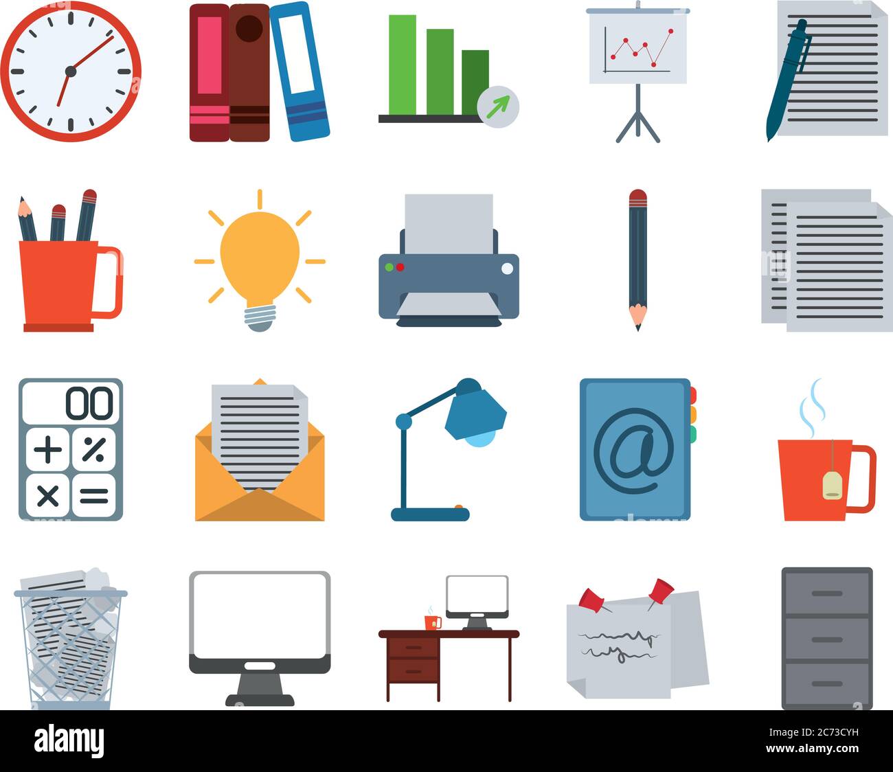 office supply stationery work business flat style icons set vector ...