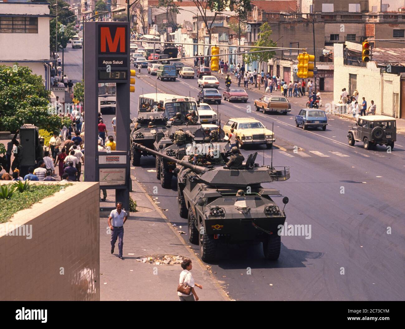CARACAS, VENEZUELA, MARCH1989 - Soldiers in armored vehicles on street during state of emergency after protests, riots and looting in Caracas, know as the Caracazo. Stock Photo