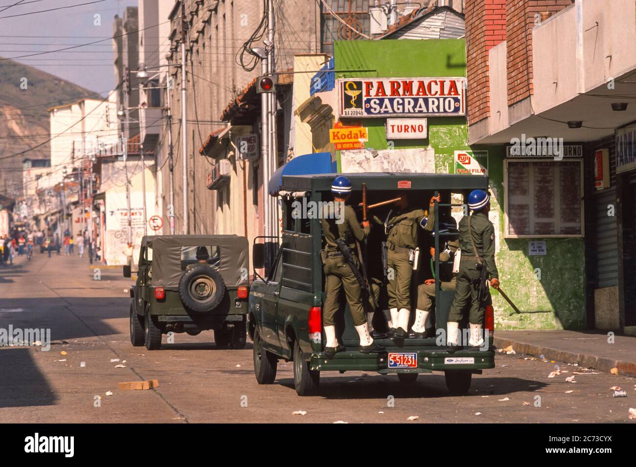 MERIDA, VENEZUELA, MARCH1989 - State of emergency following protests, riots and looting in Merida City, Merida State, in the Andes. Stock Photo