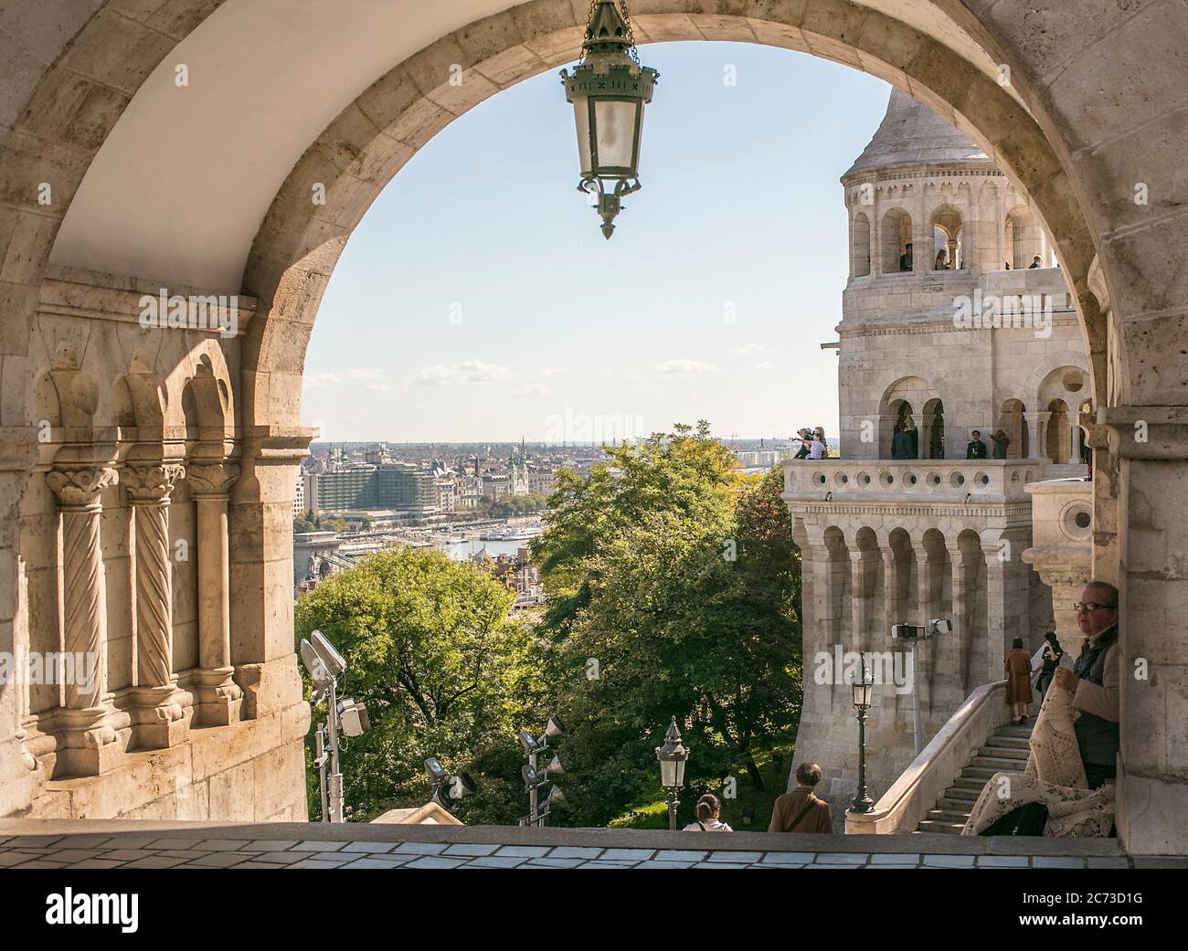 View through arch from Fisherman's Bastion, Castle District, Buda, Budapest, Hungary Stock Photo