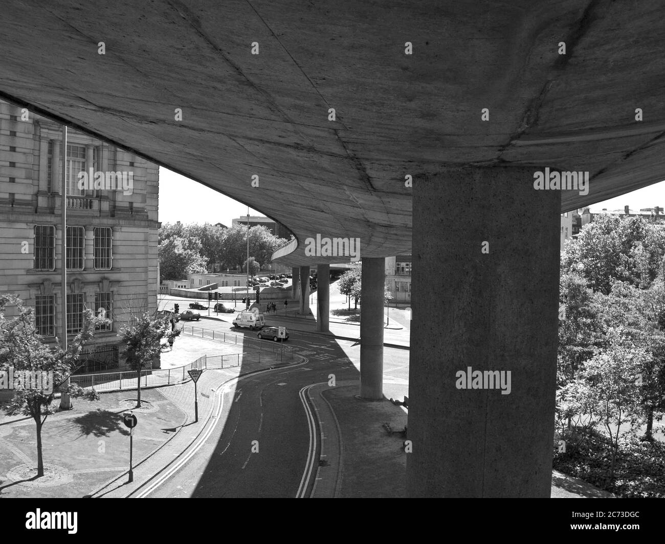The old Cuerden St and Dale St bridge, now demolished, overpass straight into Liverpool city centre, concrete, brutalist architecture, mid-century Stock Photo