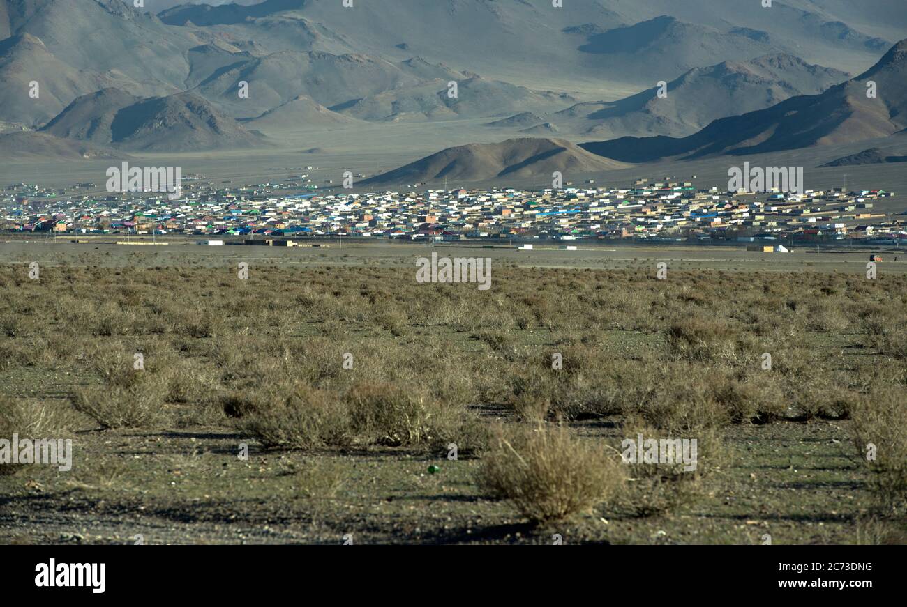 The city of Olgii is the capital of Bayan-Olgii Province in western Mongolia. Stock Photo